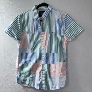 Hollister Pastel Epic Flex Patchwork Stripe Short Sleeve Button-Down Shirt